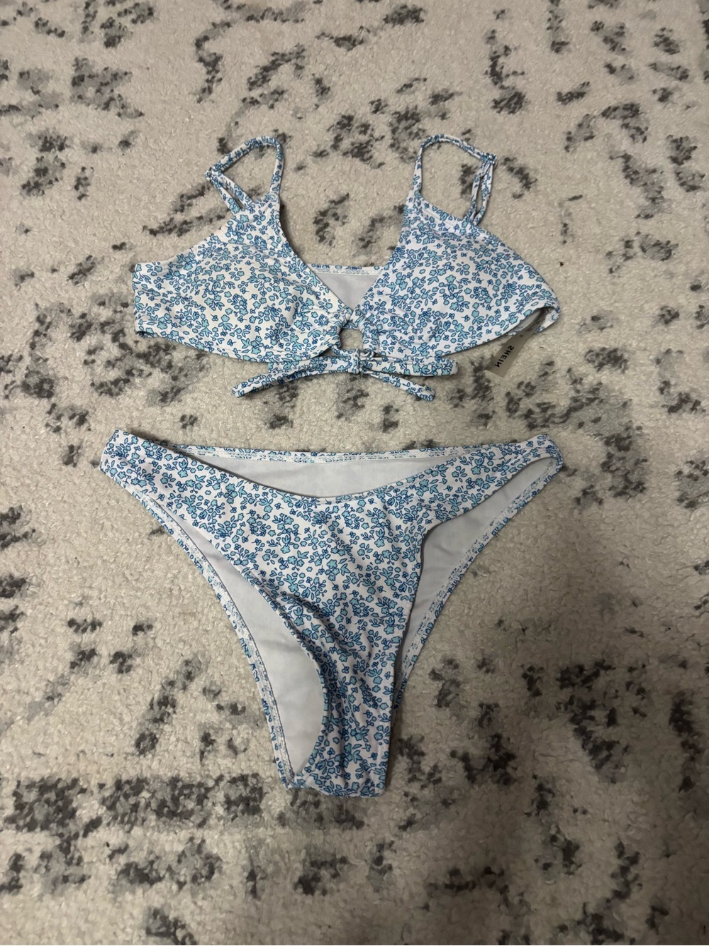 SHEIN Blue and White Floral Tie-Front Bikini